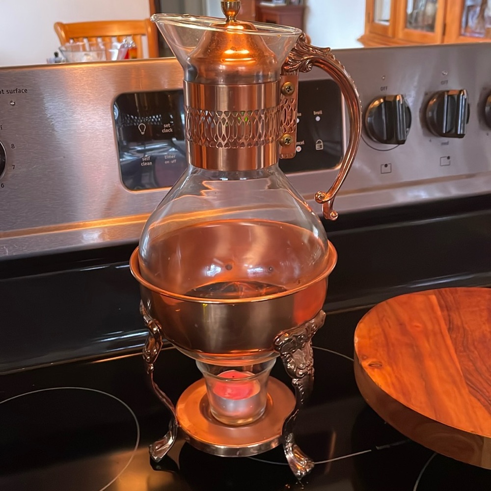 New Vintage Princess House Copper Coffee Tea Pot Carafe Warming Stand With Lid